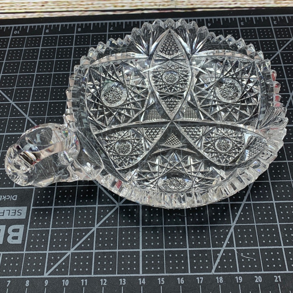 Vintage Cut Crystal Glass Dish with Handle Ornate Fan Shape Serving Dish